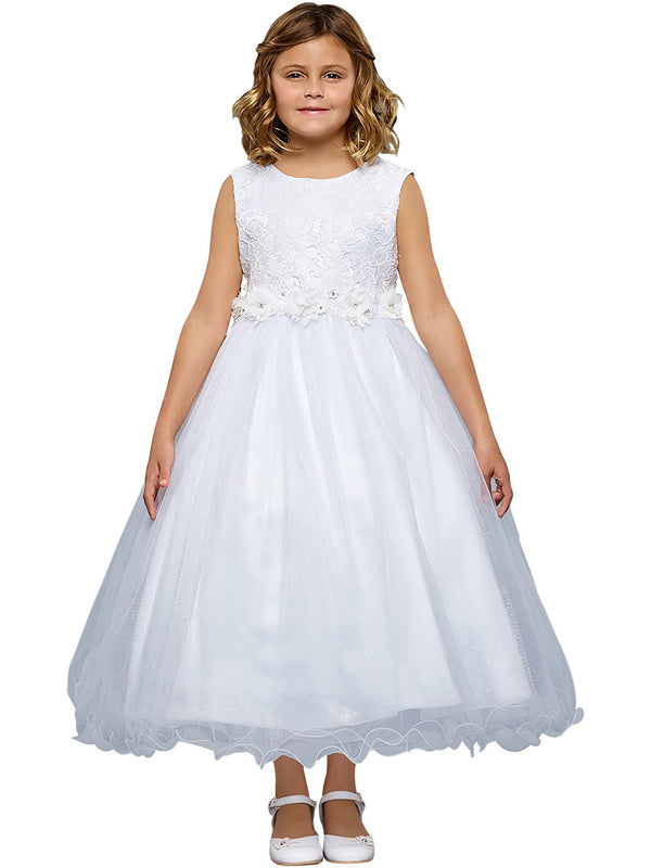 Kids Dream Little Girls White Floral Pearl Rhinestone Trim Flower Girl Dress 2-6 - SophiasStyle.com